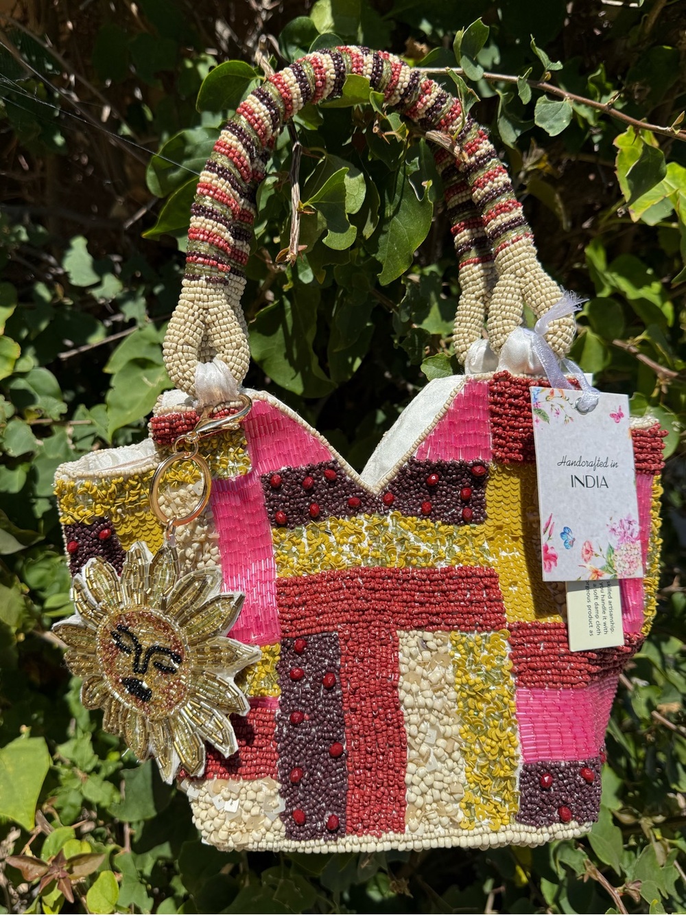 NWT Made in India Multicolor Striped Summer Sun Top Handle Bucket Beaded Bag